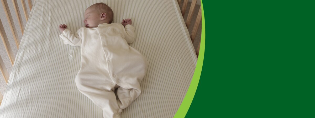 Photo of a baby sleeping safe in a crib.