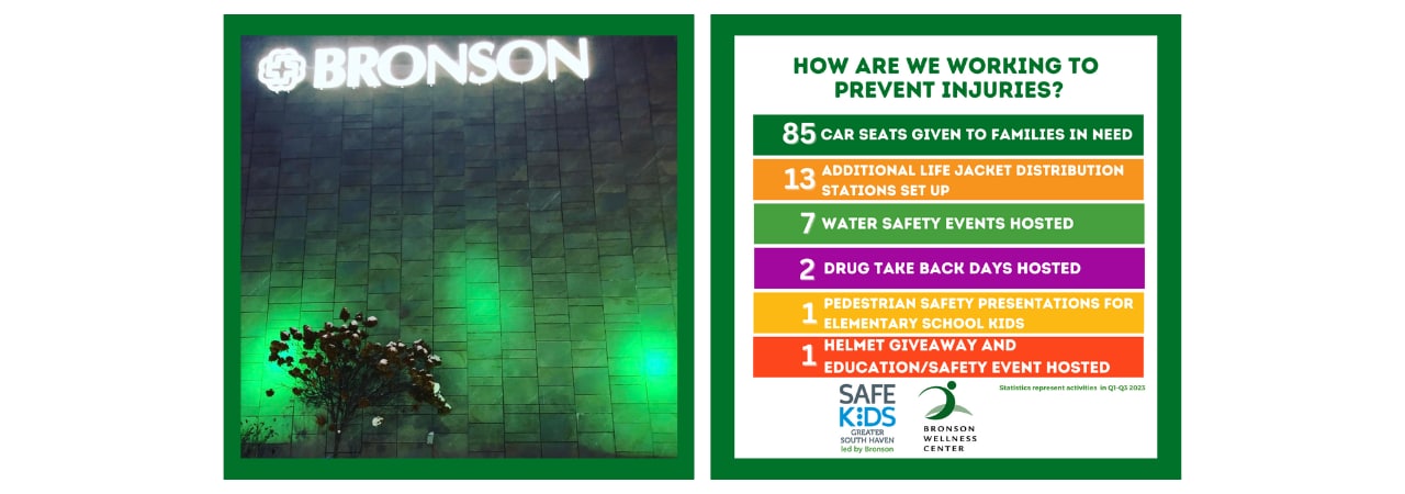 Photo of Bronson South Haven Hospital lit up green and 2023 statistics for South Haven Safe Kids. 