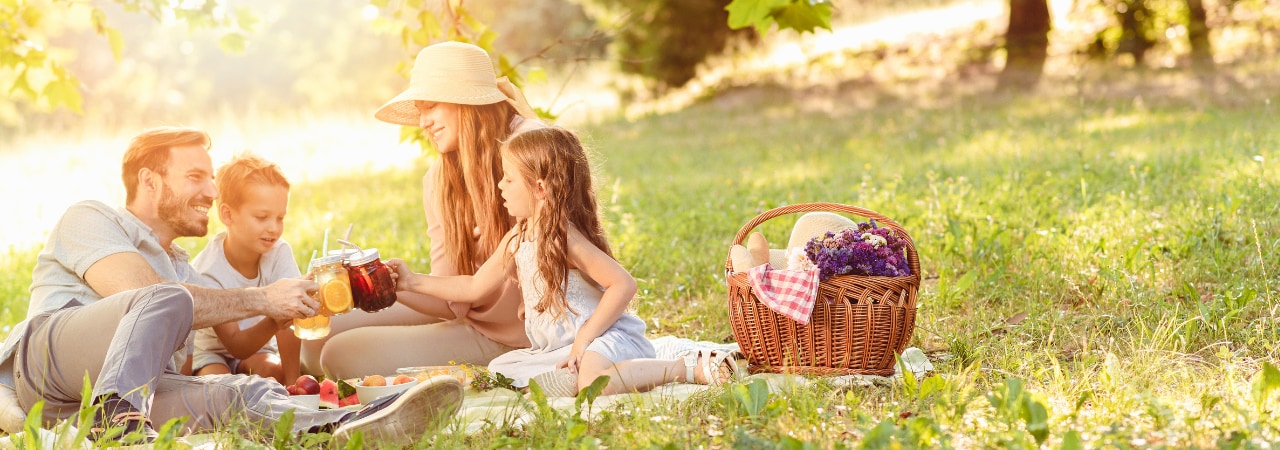 A dad, mom, son and daughter have a picnic outside.