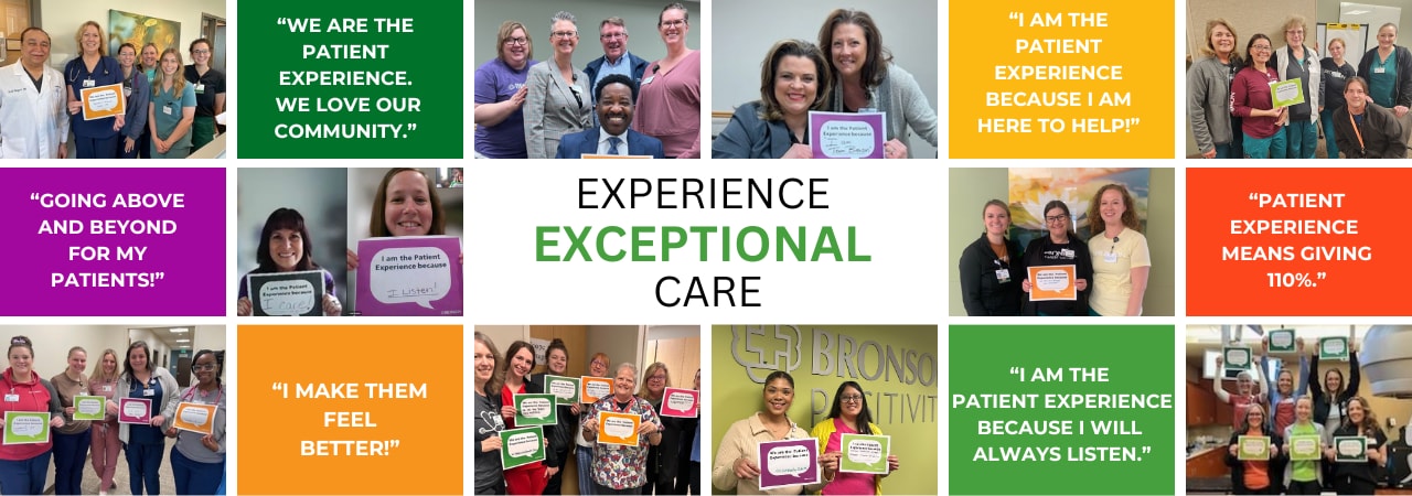 Bronson employees holding signs that say how they provide exceptional care to Bronson patients and families.