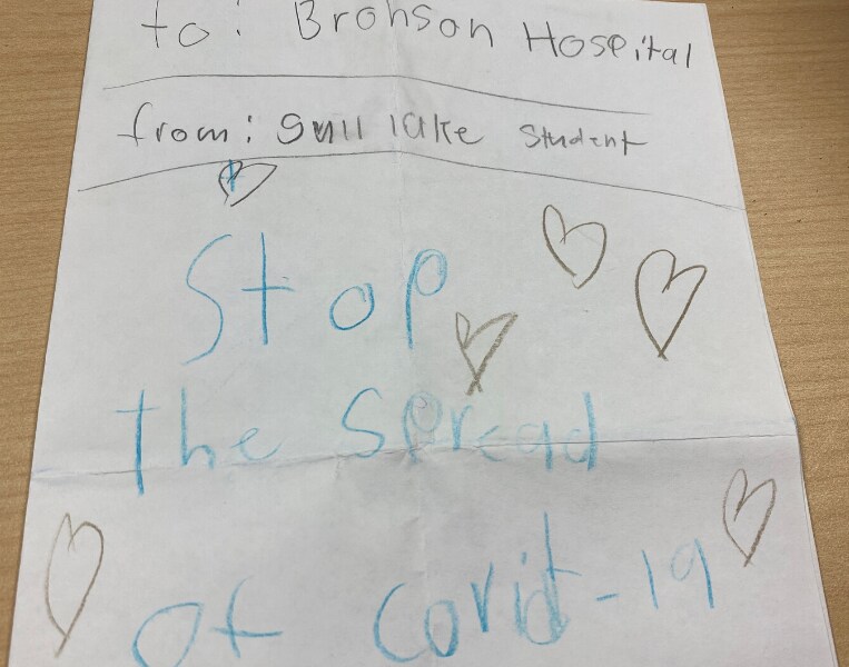 Image of a card written by a young community member to Bronson's healthcare heroes