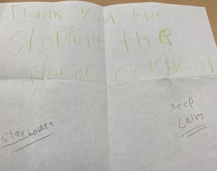 Image of a card written by a community member to Bronson's healthcare heroes