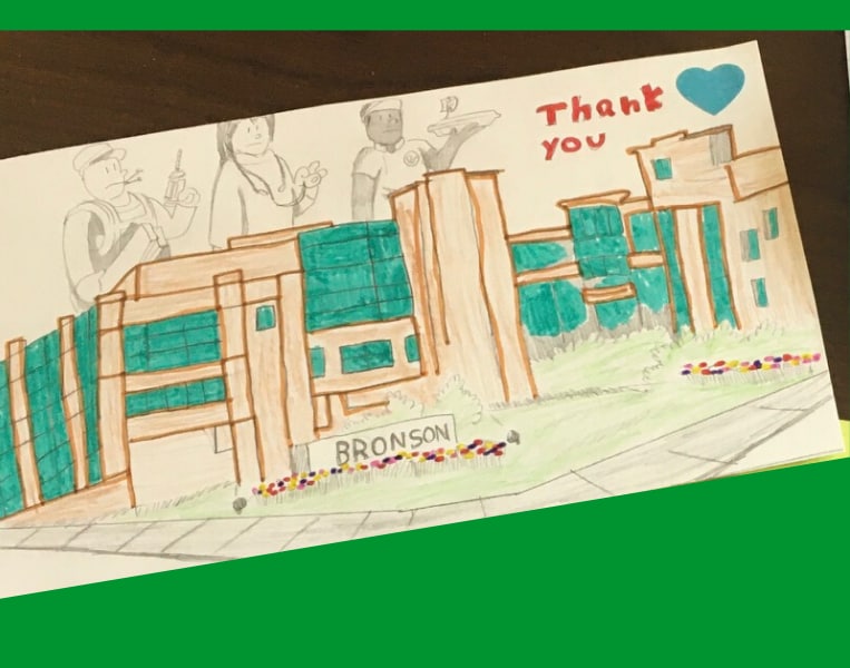 Image of a card written by a community member to Bronson's healthcare heroes