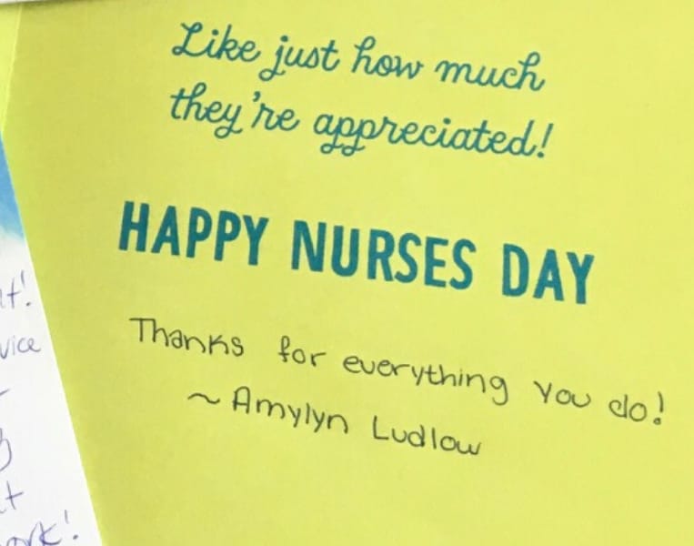 Image of a card written by a young community member to Bronson's healthcare heroes