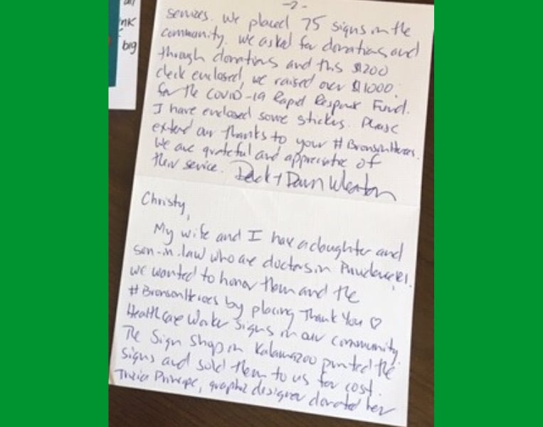 Image of a card written by a community member to Bronson's healthcare heroes