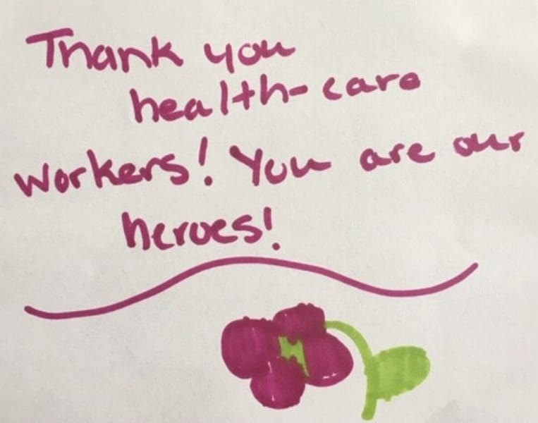 Image of a card written by a community member to Bronson's healthcare heroes