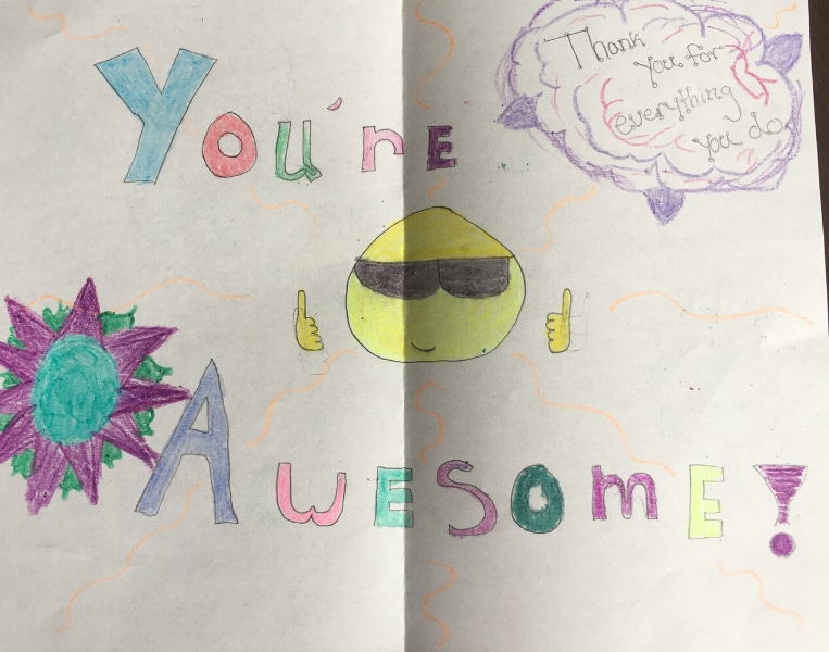 Image of a card written by a community member to Bronson's healthcare heroes