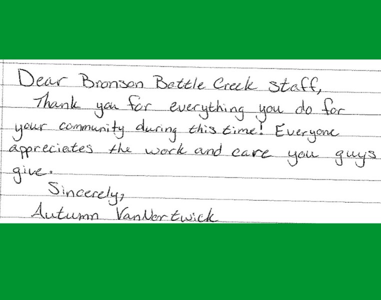 Image of a card written by a community member to Bronson's healthcare heroes