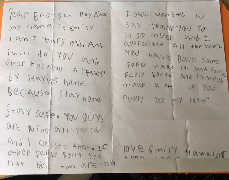 Image of a card written by a community member to Bronson's healthcare heroes