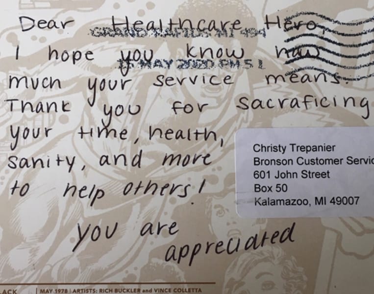 Image of a card written by a community member to Bronson's healthcare heroes