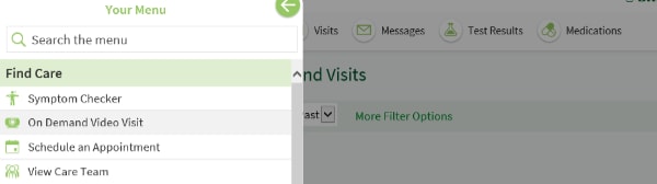 Screenshot of the 'Find Care' menu in MyChart.