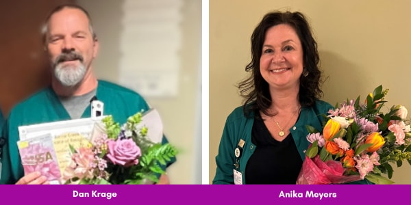 Dan and Anika - Bronson's 2024 Unit Coordinator Award winners - smile for the camera with their awards and flowers.