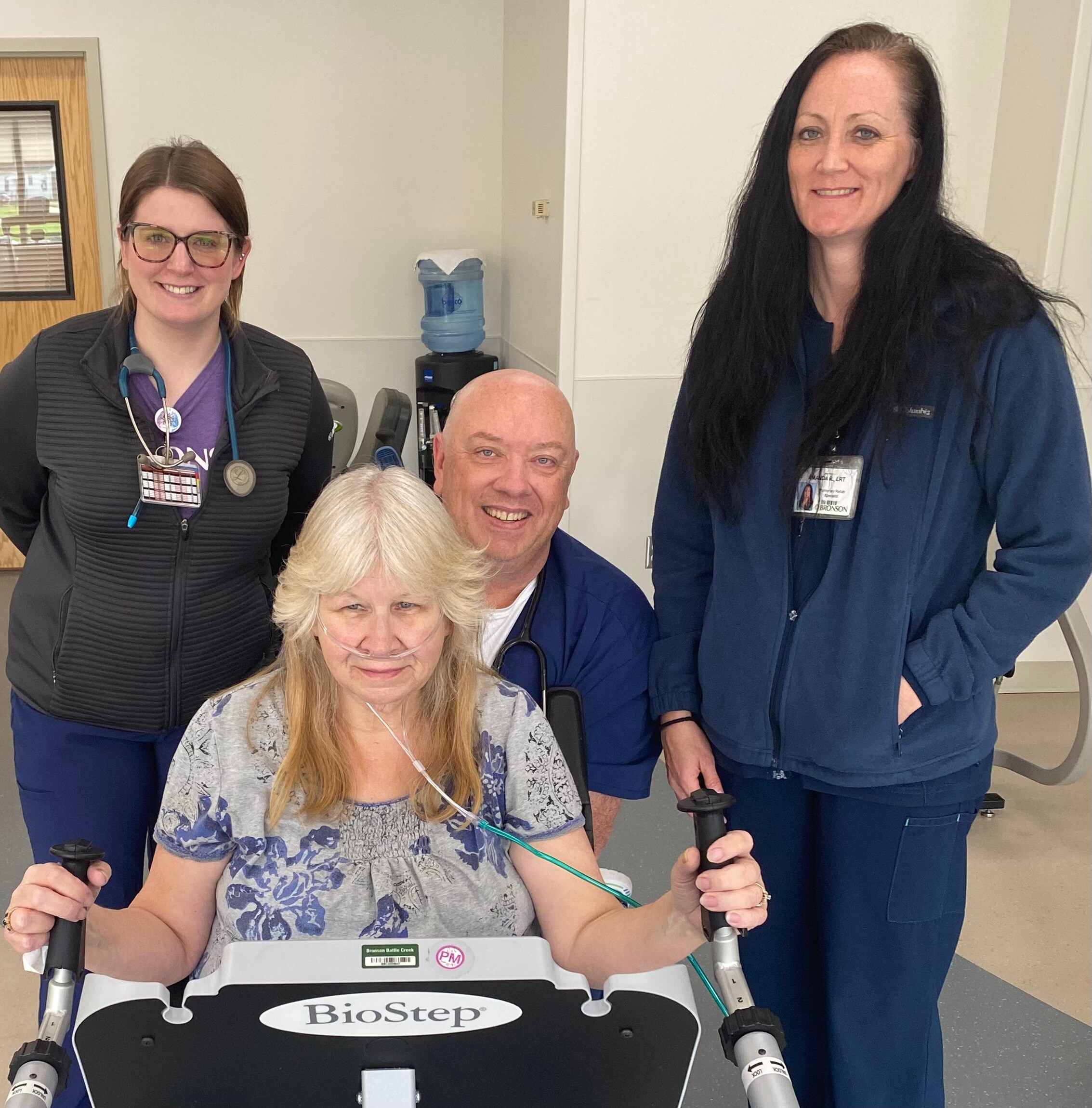 Bronson patient Debbie with Pulmonary Rehab staff members Courtney, Lon and Amanda.