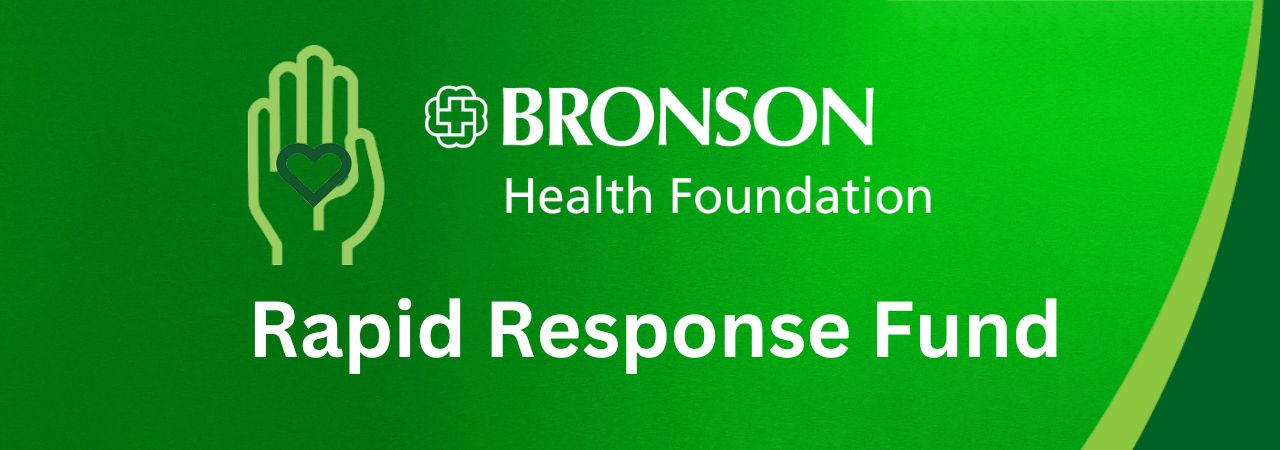 Bronson Health Foundation logo Rapid Response Fund. Heart in Hand icon.