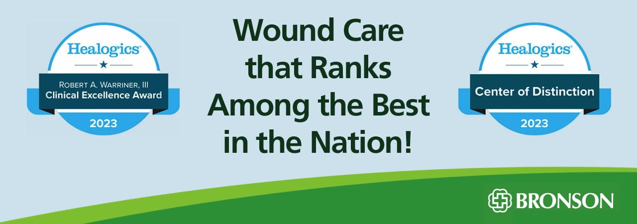 Bronson wound center award icons on blue background with wound care that ranks among the best in the nation verbiage