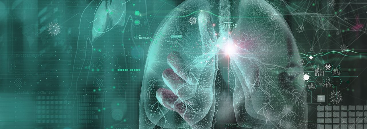 Illustration of a lung with diagnostic graphics and finger pointing