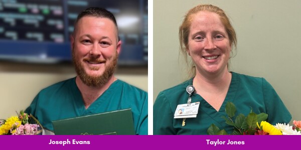 Nurses Joe and Taylor - the 2024 DAISY Nurse Leader Award Winners - smile with their awards and flowers.