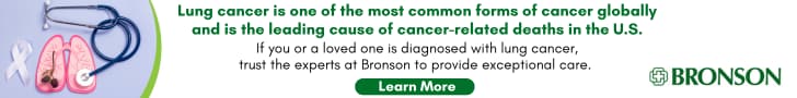 Image of lungs and a lung cancer ribbon with wording that says "Lung cancer is the leading cause of cancer-related deaths in the U.S. If you or a loved one is diagnosed with lung cancer, trust the experts at Bronson" as well as a "learn more" button.