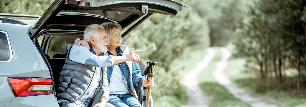 A man and woman looking at nature outside the back of their SUV.